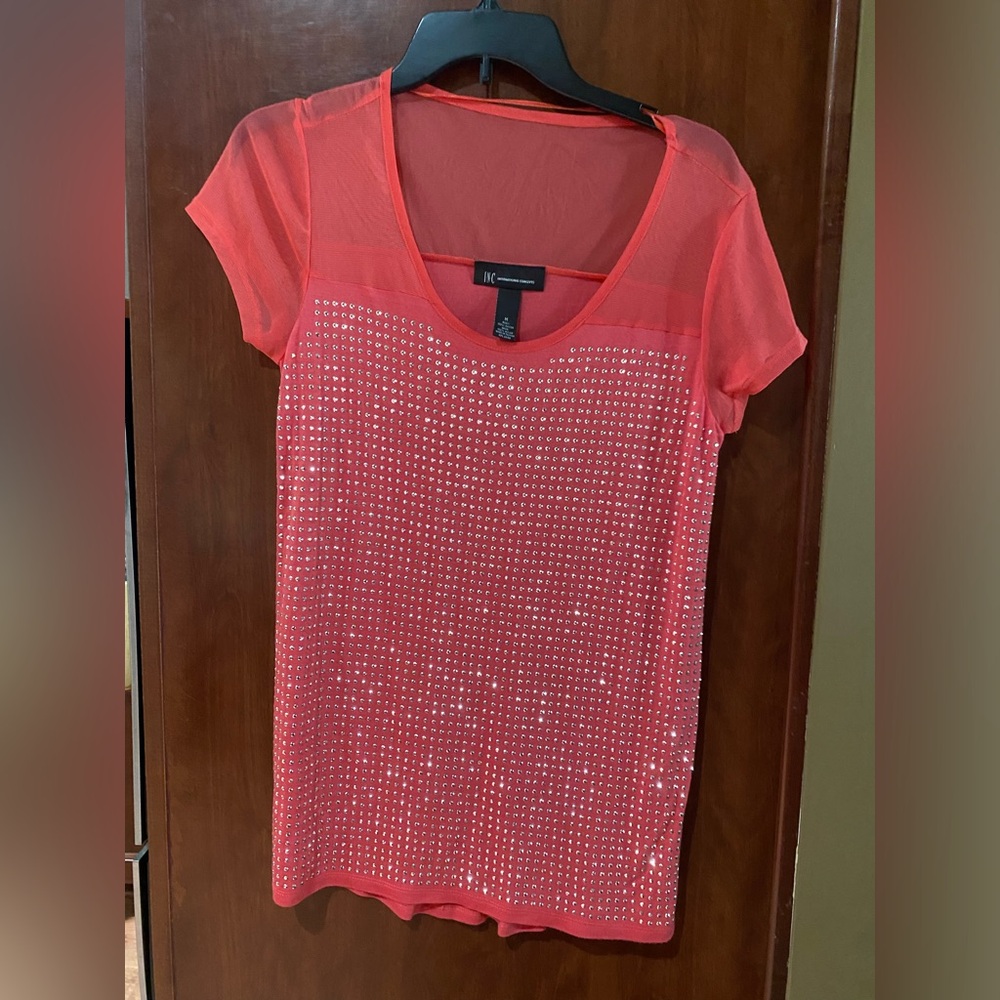 INC International Concepts Coral Short Sleeve Rhinestone Mesh Top